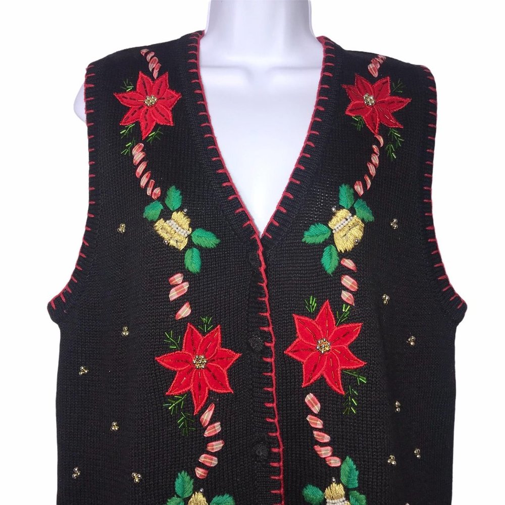 Vintage Ship N’ Shore Poinsettia Ugly Christmas Holiday Cardigan Sweater Vest L - Picture 2 of 9